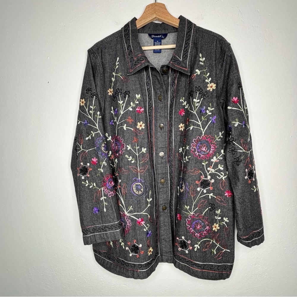 Denim & Co Embroidered Long Grey Denim Jacket Size 1X EUC